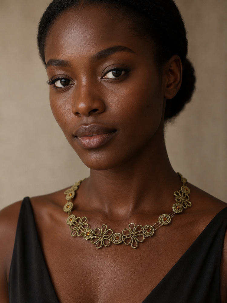 Virtual model wearing handmade macrame necklace