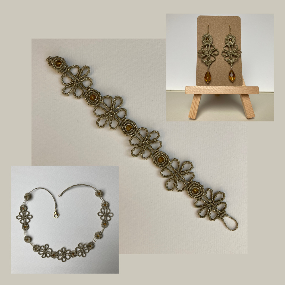 macrame jewelry set , bracelet, necklace, earrings in golden color